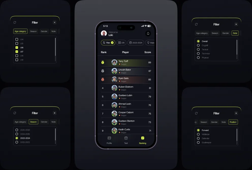 The IFREQ ranking screen with players ordered by score, shown alongside its filter panels for age category, season, position and which pillar to rank on.