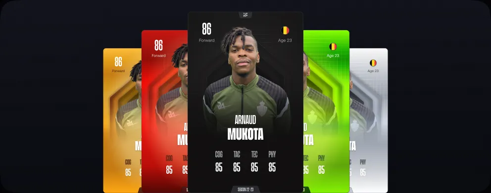 Five IFREQ player cards fanned out in gold, red, black, green and silver tier colours, each showing the same player rating.