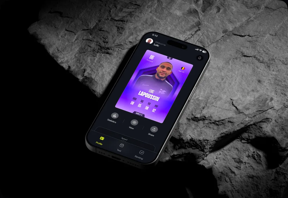 The IFREQ player card on a phone: a rated card for Loïc Lapoussin, Forward, with an overall score of 86 and per-pillar ratings underneath.