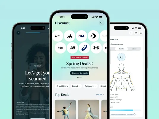 Three Sized phone screens: a body-scan introduction, a feed of brand discounts, and a recommended clothing size.
