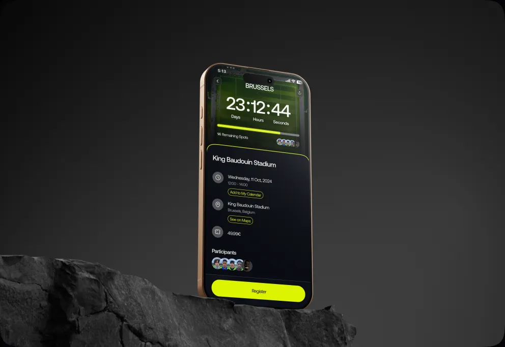 The IFREQ app on a phone, showing a test session at the King Baudouin Stadium in Brussels with a countdown, the remaining places, the price and a Register button.